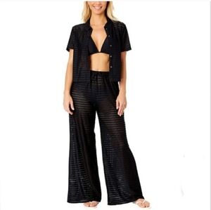 Hurley Women's Wide Leg Mesh Swim Cover Up Pant + Button Up Top Set Black Sz S